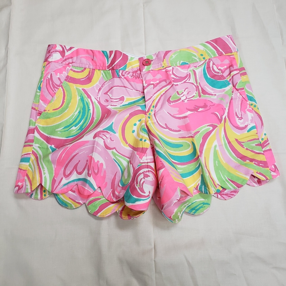 Lilly Pulitzer Size 2 The Buttercup Short Scalloped Hem Pink Yellow Green Cotton